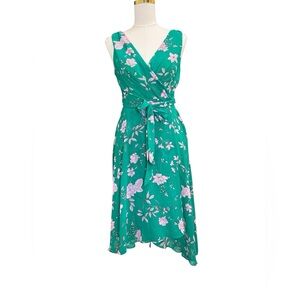 DKNY Wrap Dress Size 2 Green Pink Floral Sleeveless Tie Waist Midi